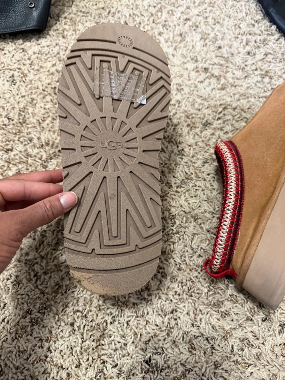 UGG Chestnut Suede Slip-On Mules with Red Knit Trim